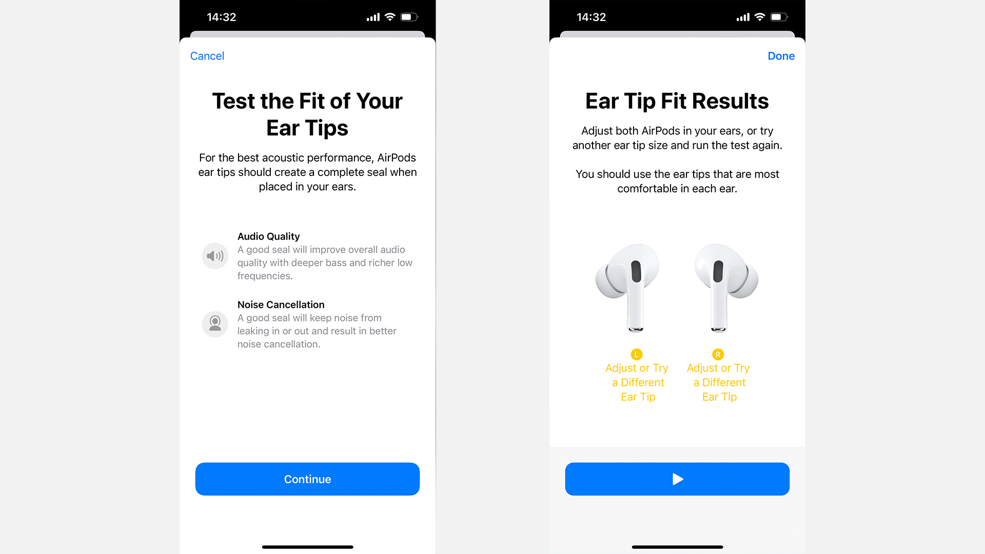 AirPods Ear tips settings screengrabs, showing the introduction screen and a warning to try different tips