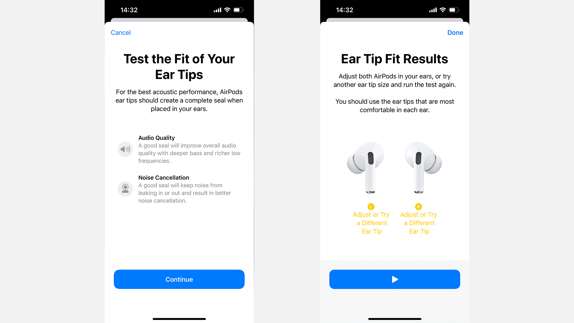 Airports Ear Tips Settings Grafy na obrazovke zobrazujúce úvodnú obrazovku a varovanie pred vyskúšaním rôznych tipov