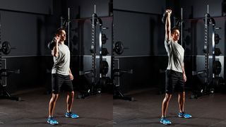 Man demonstrating two positions of the kettlebell overhead press
