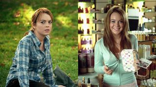 lindsay lohan as cady wearing plaid and after she makes over herself into a plastic at the mall in mean girls