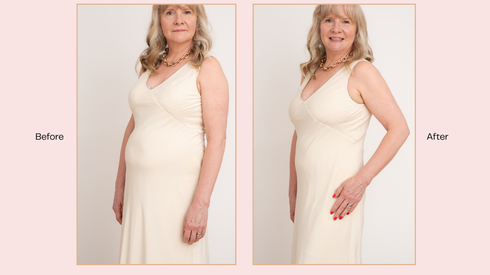 Julie player showing M&amp;amp;S shapewear before &amp;amp; After