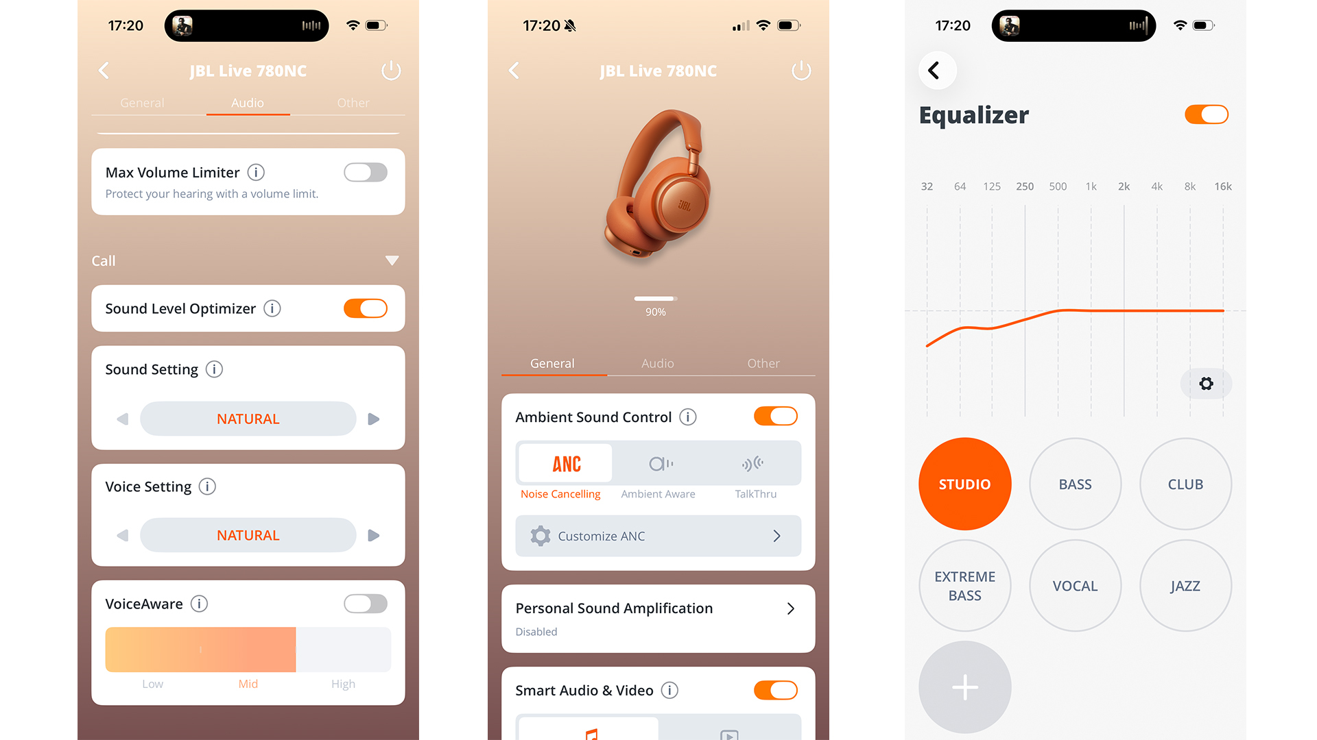 Three screenshots from JBL Headphone app