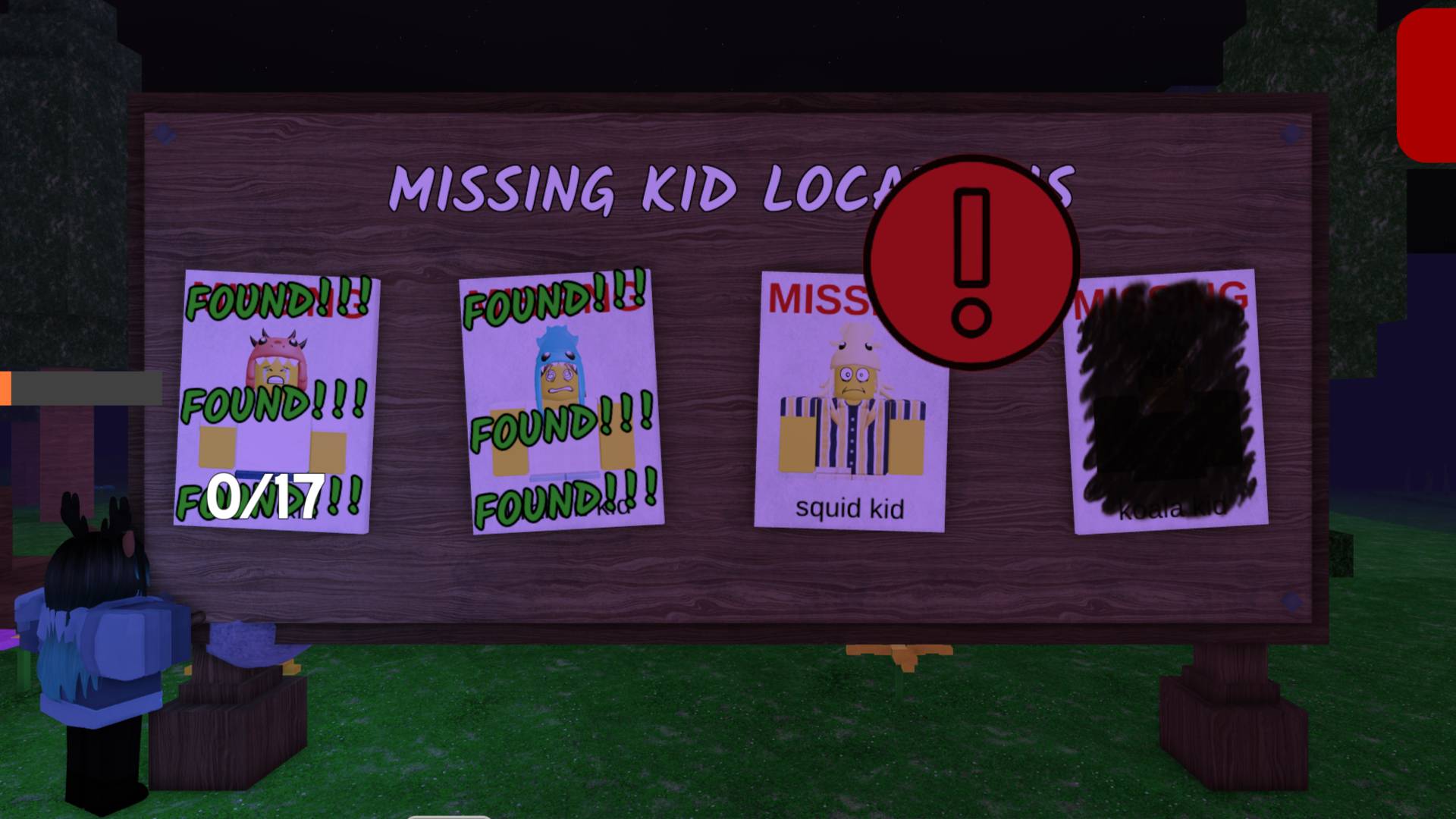 99 Nights in the Forest missing kids posters on a board near the campfire