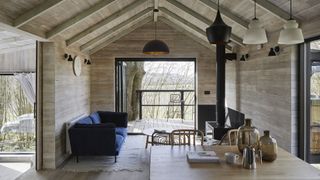 wood panel cladding on vaulted ceiling in living room