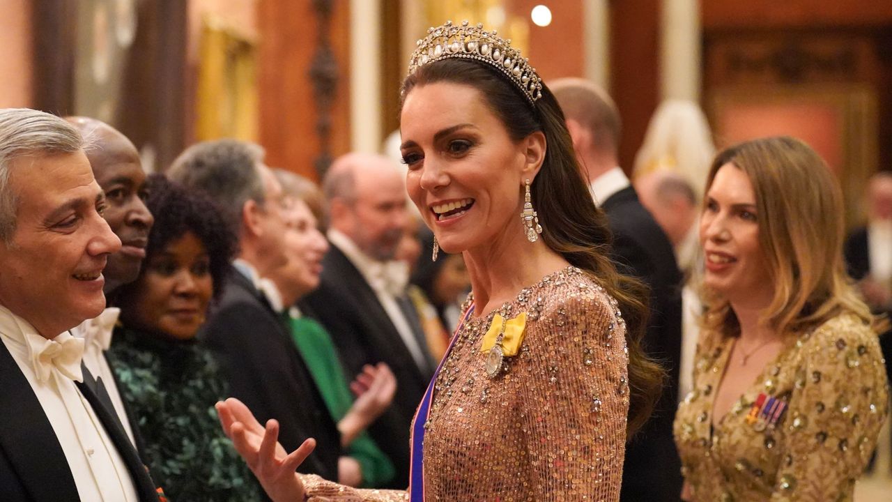 The Princess of Wales attends an evening reception for members of the Diplomatic Corps at Buckingham Palace in 2023