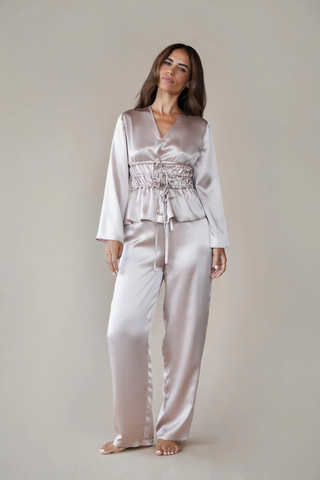 issoir silk long sleeved top pyjama set with ruched corset detailing