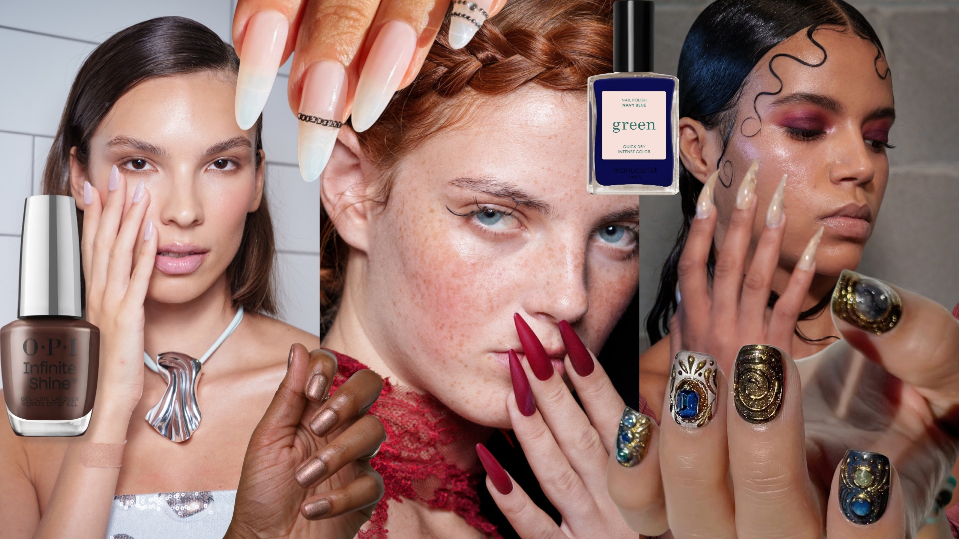 a collage of three women with dramatic makeup wearing manicures in pink, red, and chrome with close ups of manicures with bottles of nail polish