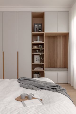 wood bedroom with built in seating