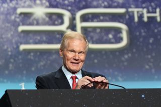 NASA Administrator Bill Nelson addresses the crowd Aug. 24, 2021 at the 36th annual Space Symposium. 