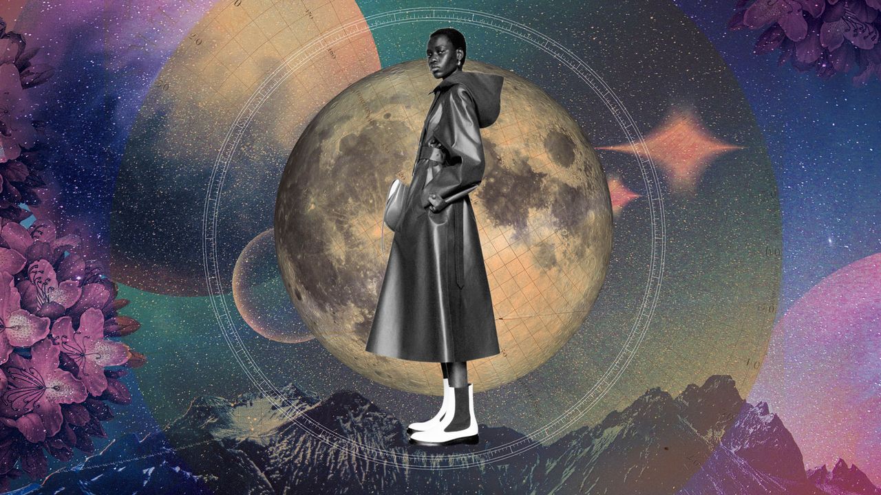 A photo collage which depicts a woman wearing an on trend coat standing over a background that includes cut outs of planets and constellations with a variety of colours such as purples, oranges, greens and blues