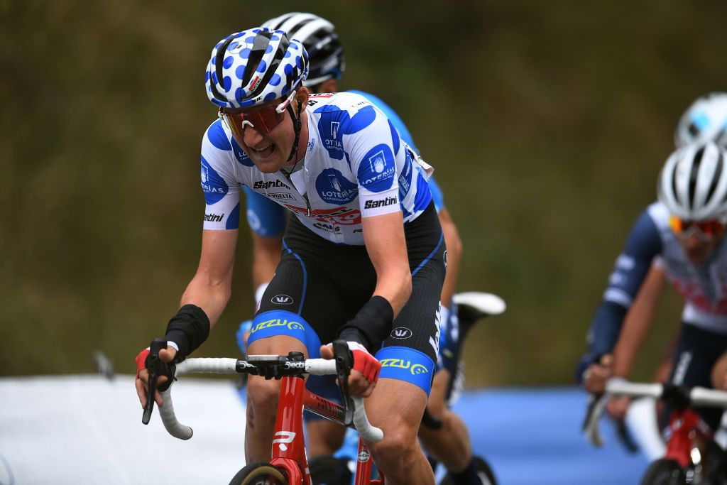 VILLANUEVA DE VALDEGOVIA SPAIN OCTOBER 27 Tim Wellens of Belgium and Team Lotto Soudal Polka Dot Mountain Jersey Breakaway during the 75th Tour of Spain 2020 Stage 7 a 1597km from VitoriaGasteiz to Villanueva de Valdegovia lavuelta LaVuelta20 La Vuelta on October 27 2020 in Villanueva de Valdegovia Spain Photo by David RamosGetty Images