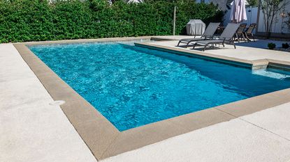 backyard pool with sun loungers on patio