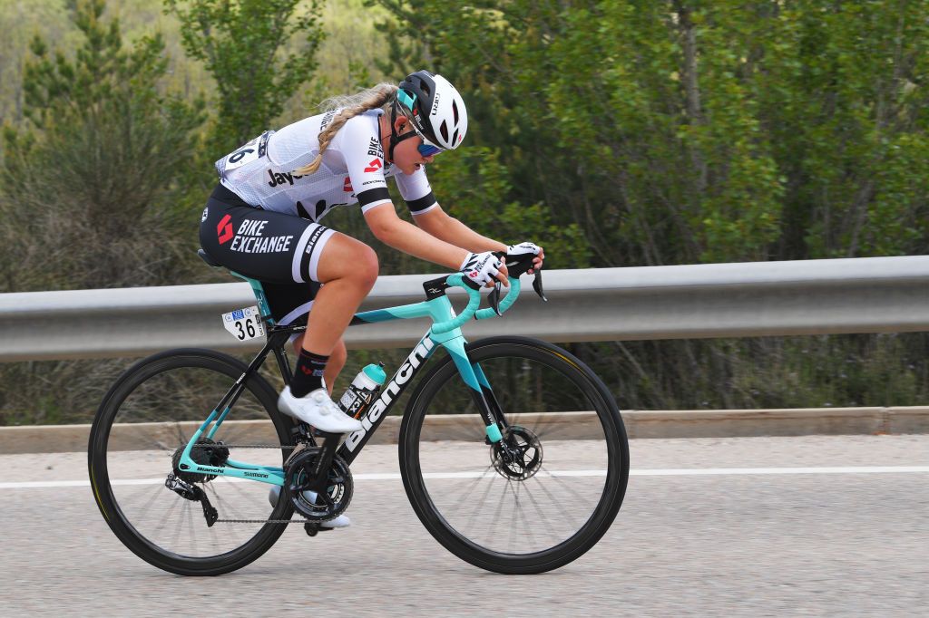LAGUNAS DE NEILA SPAIN MAY 23 Georgia Williams of New Zealand and Team BikeExchange during the 6th Vuelta A Burgos Feminas 2021 Stage 4 a 1216km stage from Quintanar de la Sierra to Lagunas De Neila 1870m VueltaBurgos BurgosFem UCIWWT on May 23 2021 in Lagunas De Neila Spain Photo by Luc ClaessenGetty Images