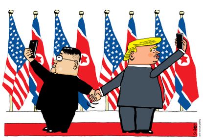 Political cartoon U.S. Trump Kim Jong Un North Korea Singapore nuclear summit selfie
