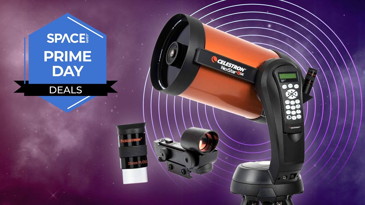 Celestron NexStar 8se on a starry background with the space.com prime day deals logo in the top left corner