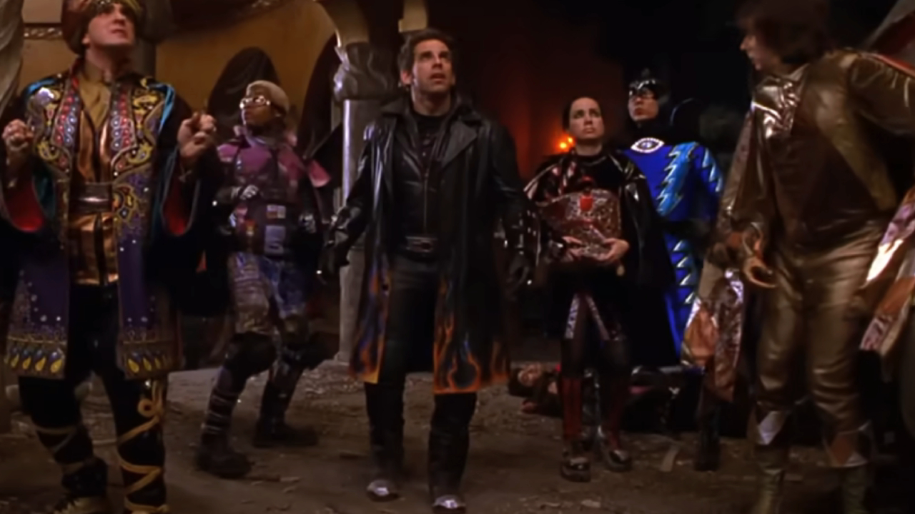 Ben Stiller as Mr. Furious, surrounded by his teammates in Mystery Men