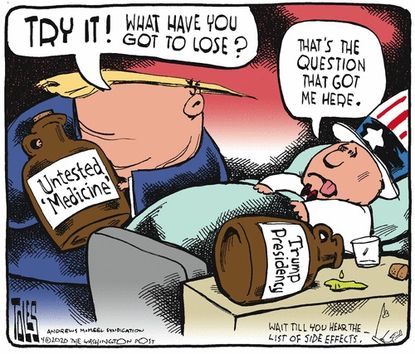 Political Cartoon U.S. Trump endorses invalid coronavirus medication Americans suffer CDC not approved