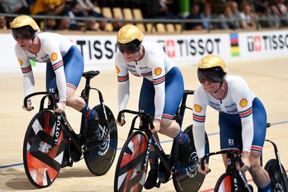 The women&#039;s team sprint squad at the Track World Championships 2024