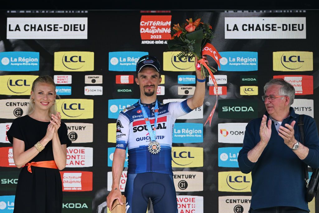 LA CHAISEDIEU FRANCE JUNE 05 Julian Alaphilippe of France and Team Soudal Quick Step celebrates at podium as stage winner during the 75th Criterium du Dauphine 2023 Stage 2 a 1673km stage from BrassaclesMines to La ChaiseDieu 1080m UCIWT on June 05 2023 in La ChaiseDieu France Photo by Dario BelingheriGetty Images
