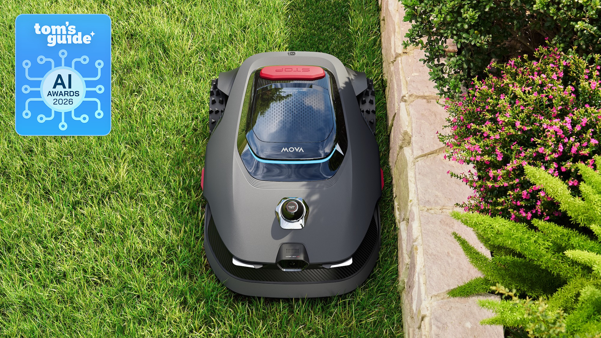 The Mova Lidax Ultra robot vacuum cutting grass with a Tom's Guide AI Awards 2026 badge