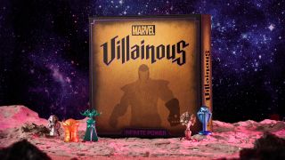 Box of Marvel villainous infinite power on a table with meeples beside it