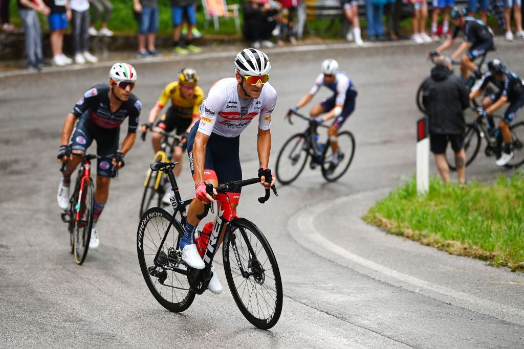PASSO FEDAIA ITALY MAY 28 Giulio Ciccone of Italy and Team Trek Segafredo competes in the breakaway during the 105th Giro dItalia 2022 Stage 20 a 168km stage from Belluno to Marmolada Passo Fedaia 2052m Giro WorldTour on May 28 2022 in Passo Fedaia Italy Photo by Tim de WaeleGetty Images