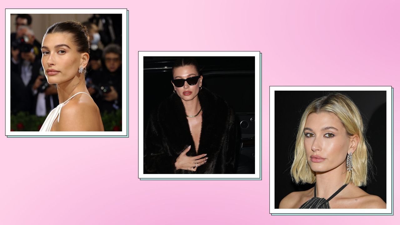 Hailey Bieber&#039;s tattoos: a picture of Hailey Bieber&#039;s neck tattoo, while she wore a white silk dress whilst attending the Met Gala in 2022/ alongside a picture of Hailey in a black coat and sunglasses with Hailey Bieber&#039;s hand tattoos visible/ and a third image of Hailey Bieber wearing a black dress with her collarbone tattoo visible/ in a pink template 