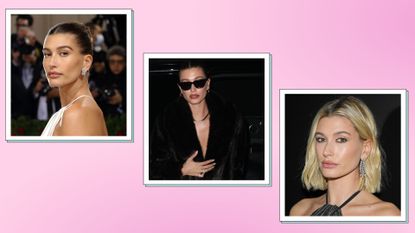 Hailey Bieber's tattoos: a picture of Hailey Bieber's neck tattoo, while she wore a white silk dress whilst attending the Met Gala in 2022/ alongside a picture of Hailey in a black coat and sunglasses with Hailey Bieber's hand tattoos visible/ and a third image of Hailey Bieber wearing a black dress with her collarbone tattoo visible/ in a pink template 
