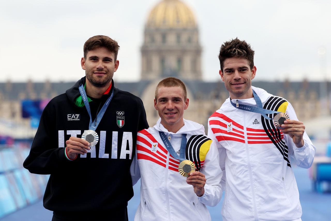 The final podium in the men's time trial at the Paris Olympics