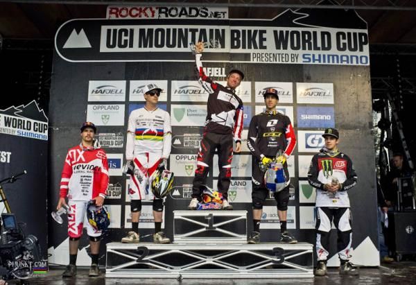 2012 Men's Downhill World Cup podium: Steve Smith, Greg Minnaar, Aaron Gwin, Gee Atherton, Sam Hill