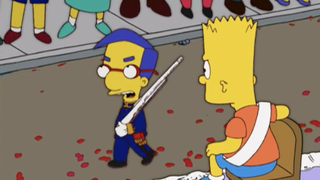 Milhouse marching in parade in The Simpsons