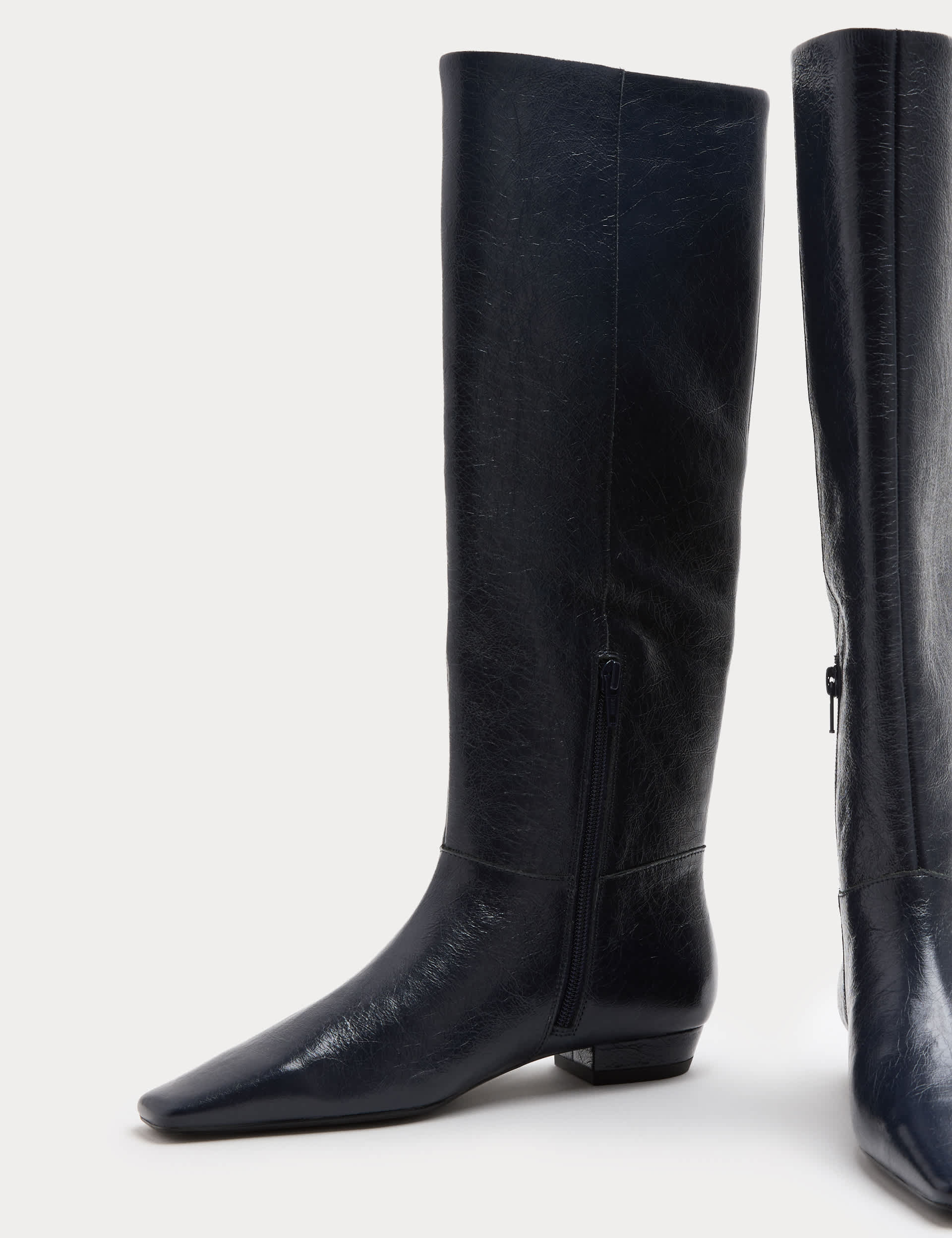 Leather Block Heel Chisel Toe Knee High Boots