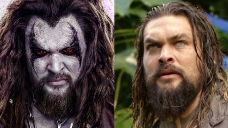 Side by side: Lobo staring into camera on poster for Supergirl, Aquaman raising one eyebrow in Aquaman and the Lost Kingdom