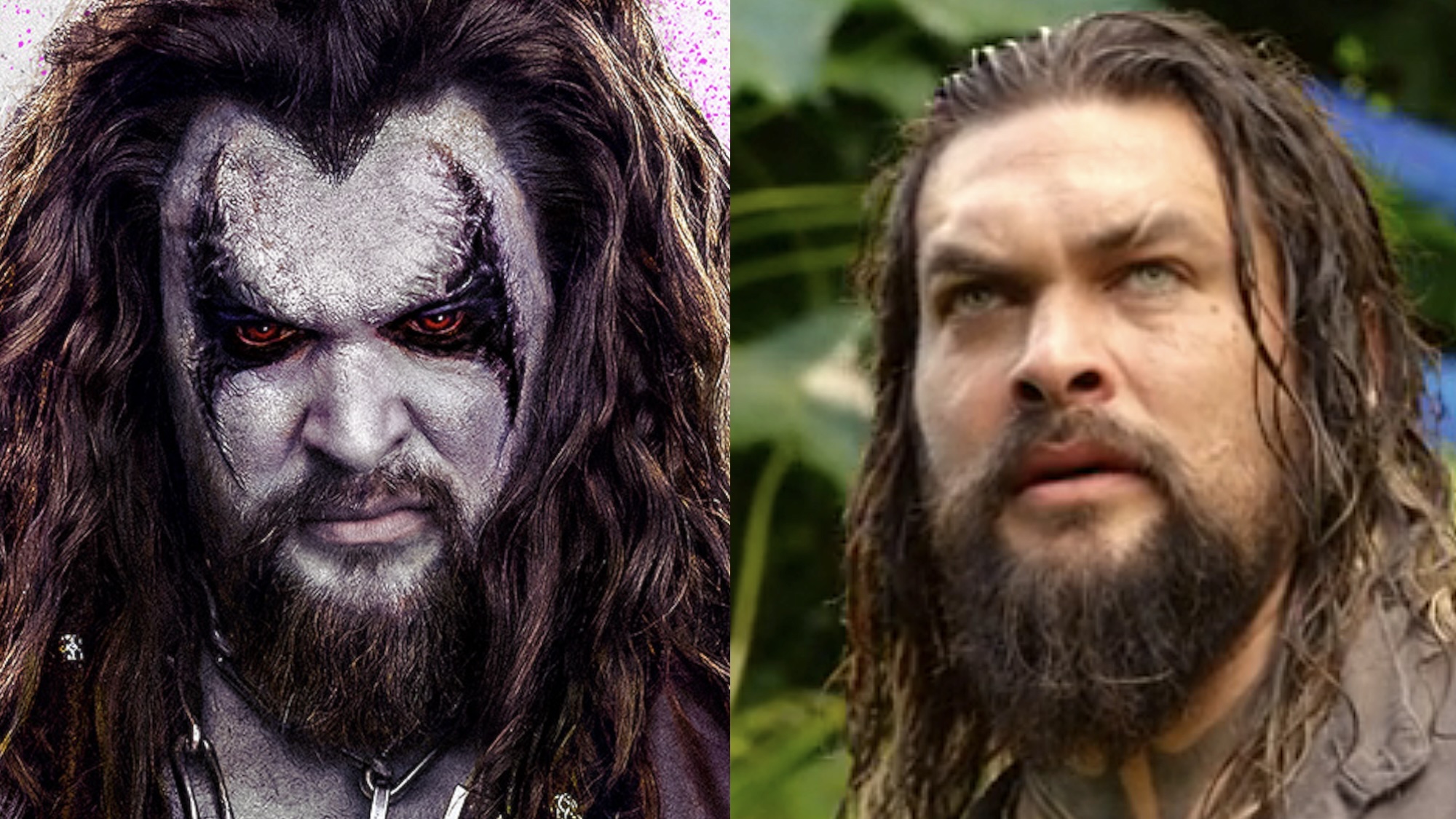 Side by side: Lobo staring into camera on poster for Supergirl, Aquaman raising one eyebrow in Aquaman and the Lost Kingdom
