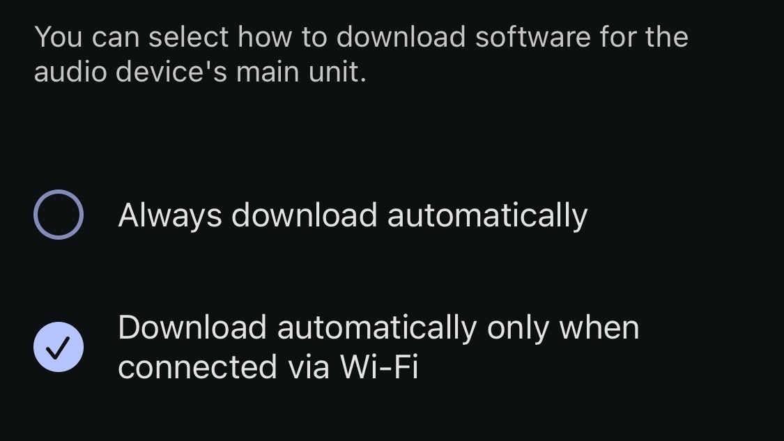 A screenshot of the Sony Sound Connect app showing the option to update software only when connected over wi-fi.