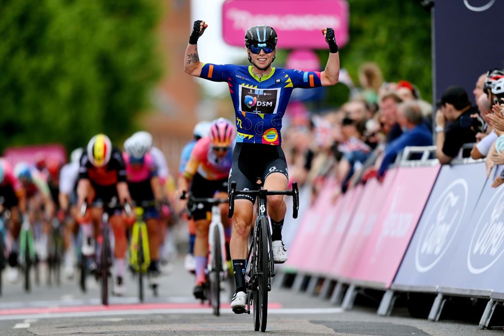 EPPING ENGLAND MAY 28 Lorena Wiebes of Netherlands and Team DSM blue leader jersey celebrates at finish line as stage winner during the 5th RideLondon Classique 2022 Stage 2 a 1417km stage from Chelmsford to Epping RideLondon UCIWWT on May 28 2022 in Epping England Photo by Justin SetterfieldGetty Images