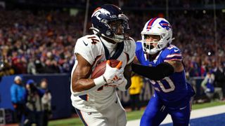 Courtland Sutton #14 of the Denver Broncos makes a catch for touchdown during an NFL football game against the Buffalo Bills at Highmark Stadium on November 13, 2023