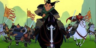 Mulan on horseback in animated Disney movie