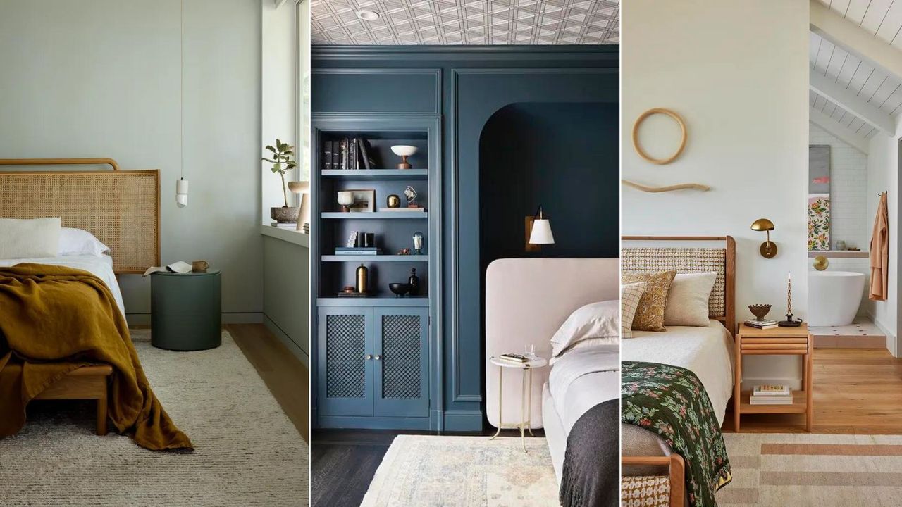 Three bedrooms one with rattan headboard and green walls, one with dark blue walls and built in storage one with neutral walls and wooden furniture