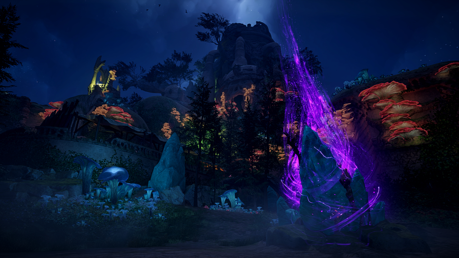Avowed screenshot showing a night time setting with bioluminescent mycelium and flora