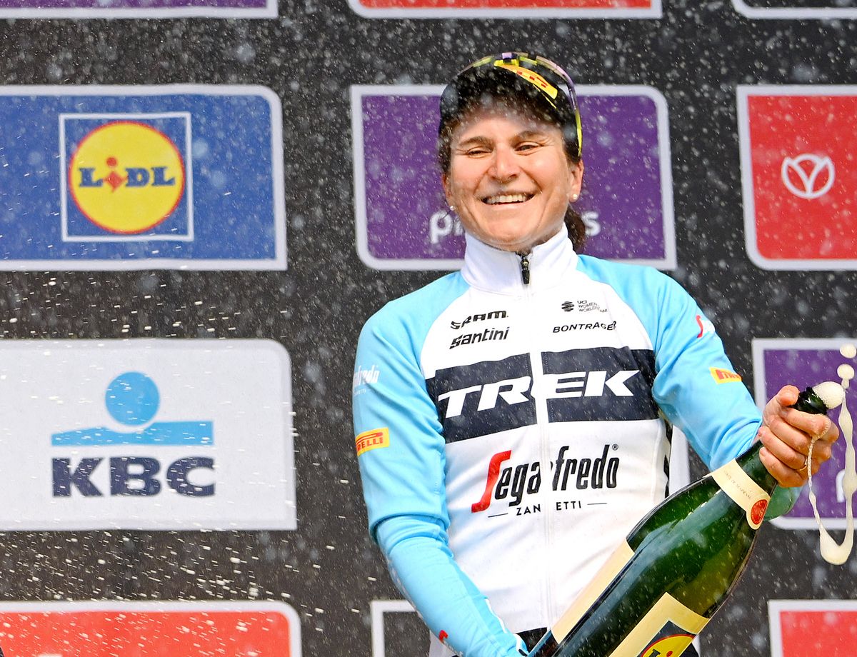 Elisa Longo Borghini on the podium of the Tour of Flanders