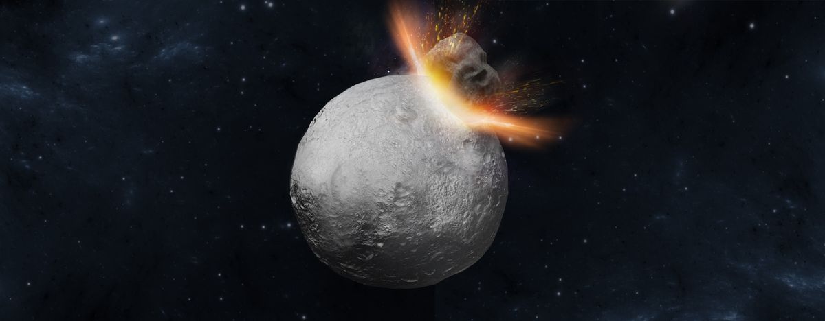 An artist&#039;s depiction of Vesta experiencing a hit-and-run collision.