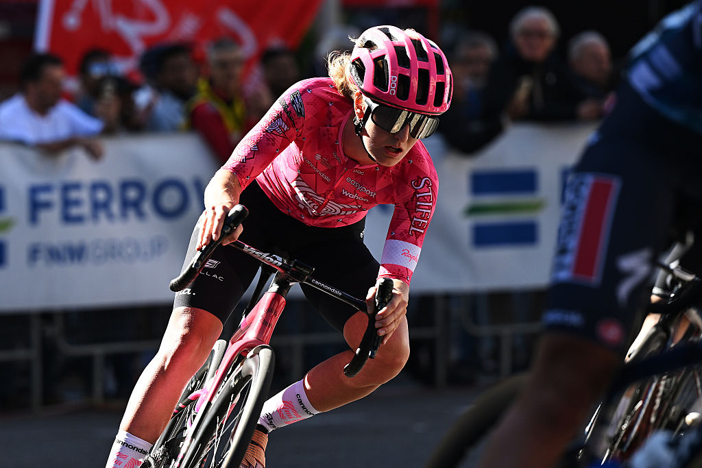 VARESE, ITALY - OCTOBER 07: Cedrine Kerbaol of France and Team EF Education-Oatly competes during the 5th Tre Valli Varesine Women&amp;amp;apos;s Race 2025 a 137km one day race from Busto Arsizio to Varese on October 07, 2025 in Varese, Italy. (Photo by Dario Belingheri/Getty Images)