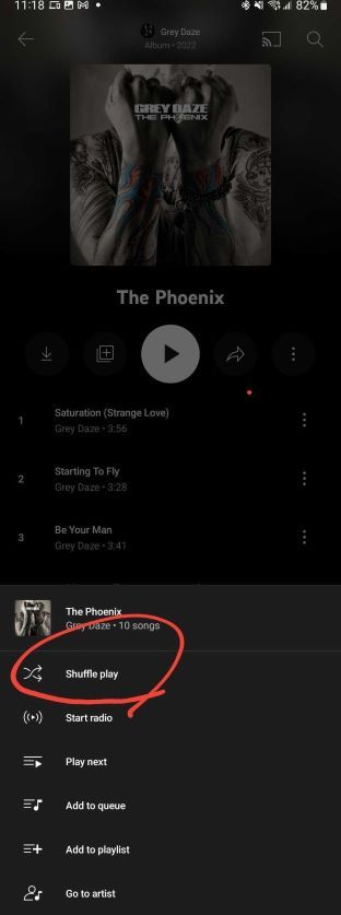 YouTube Music's album overflow menu on smartphone