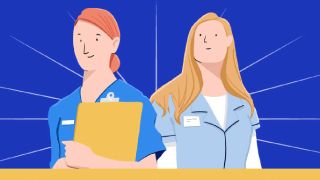 A cartoon illustration of two nurses on a dark blue background.