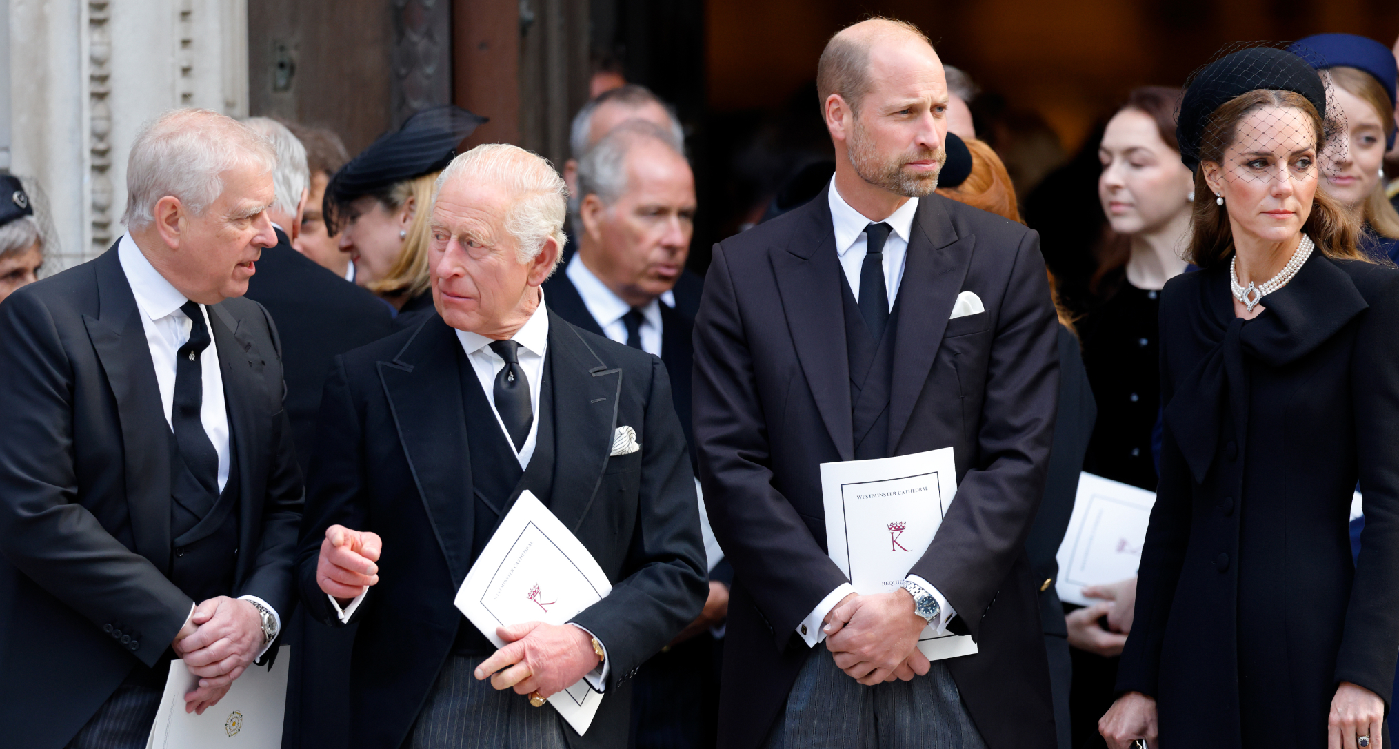Andrew Mountbatten-Windsor standing with King Charles and Prince William at the Duchess of Kent's funeral