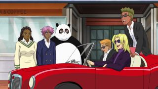 Kaz and friends observe a car of rowdy passersby in Neo Yokio S1 E4 - "Hamptons Water Magic."