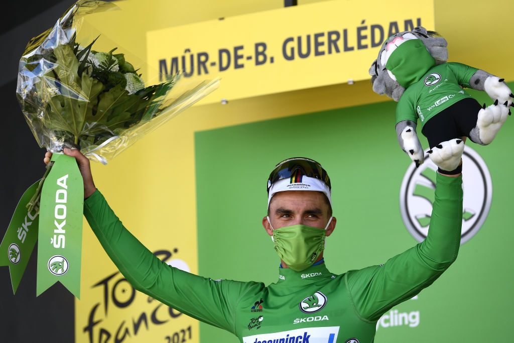 Julian Alaphilippe on the podium in the green points jersey after stage 2 of the Tour de France