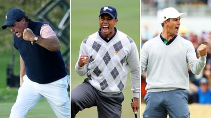 Phil Mickelson, Tiger Woods and Adam Scott celebrate at the Presidents Cup