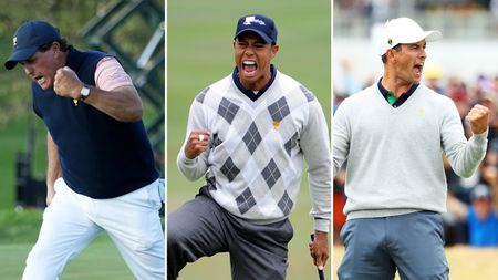 Phil Mickelson, Tiger Woods and Adam Scott celebrate at the Presidents Cup